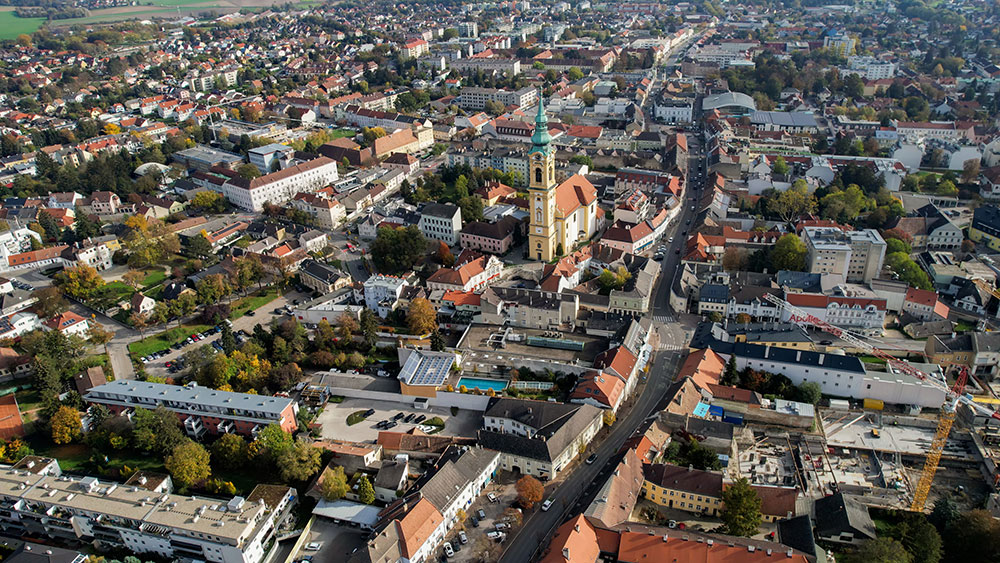 Aerial view around the old town city Stockerau in Austria on a sunny autumn day